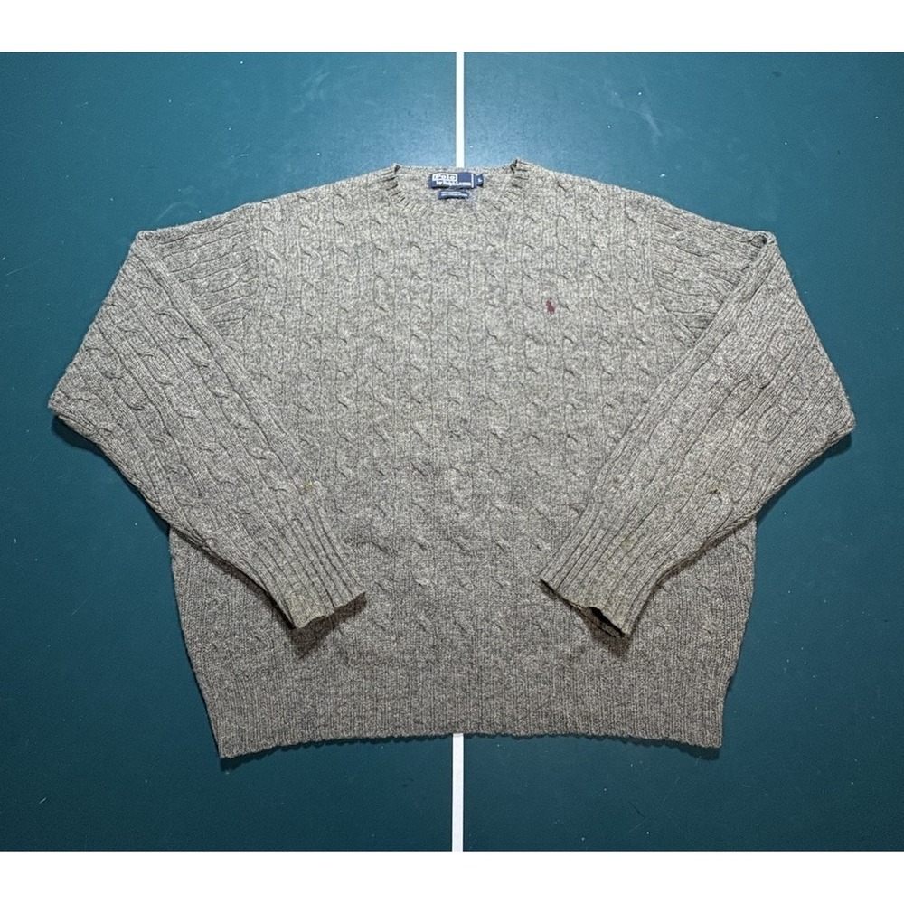 Vintage Polo Ralph Lauren Cable Knit Sweater Mens Large Gray Lambswool Fisherman